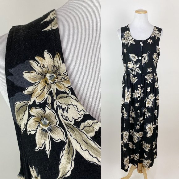 Vintage Dresses & Skirts - VTG 90s Grunge Floral Print Maxi Dress Daisy Rayon